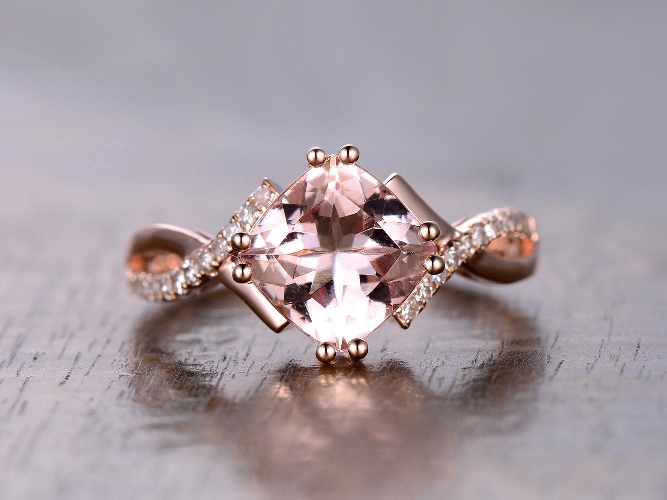 Bague en or rose 14 carats avec morganite rose de 8 mm, alliance torsadée à anneau fendu, bague de fiançailles avec morganite coussin et diamant naturel SI-H