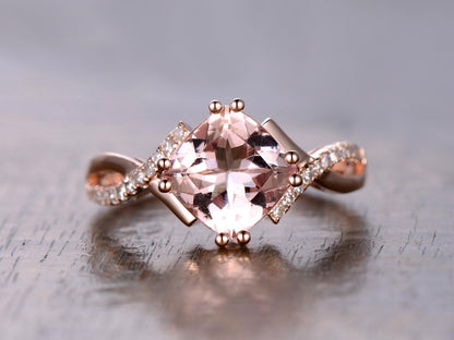 Bague en or rose 14 carats avec morganite rose de 8 mm, alliance torsadée à anneau fendu, bague de fiançailles avec morganite coussin et diamant naturel SI-H