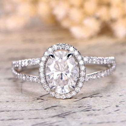 Bague de fiançailles en or blanc 14 carats avec moissanite ovale 6x8 mm, bague de promesse à anneau fendu, bague pour femme