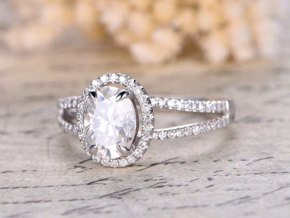 Bague de fiançailles en or blanc 14 carats avec moissanite ovale 6x8 mm, bague de promesse à anneau fendu, bague pour femme