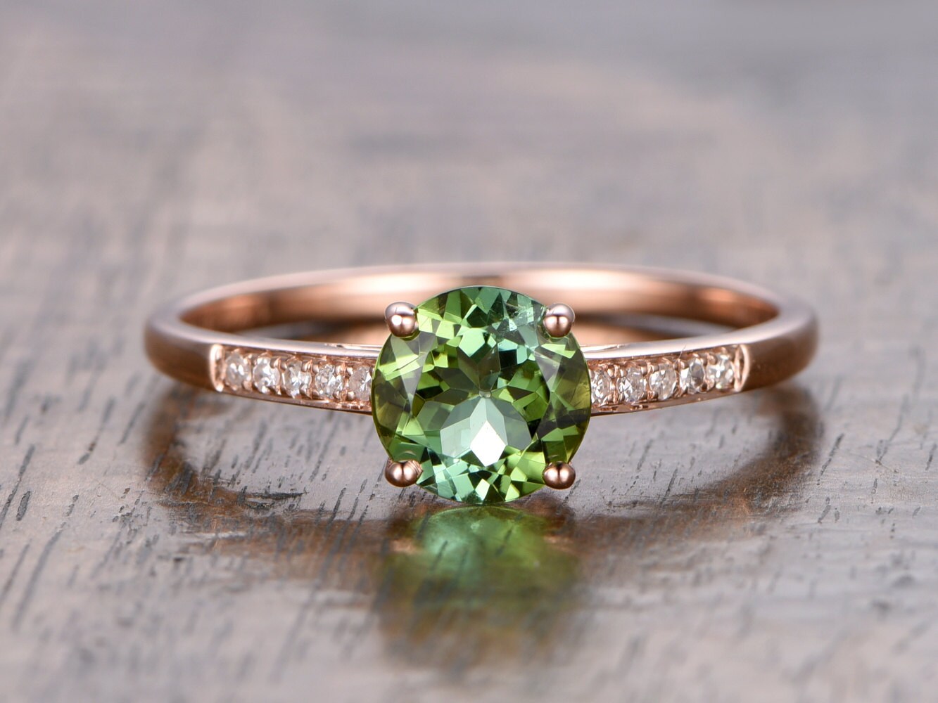 6.5mm Round Cut Tourmaline Engagement Ring 14K Rose Gold Diamond Half Eternity Solitaire