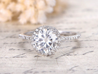 Bague de fiançailles en or blanc 14 carats massif, moissanite VVS 7 mm, alliance en diamants, bague de promesse, bague pour femme, style vintage