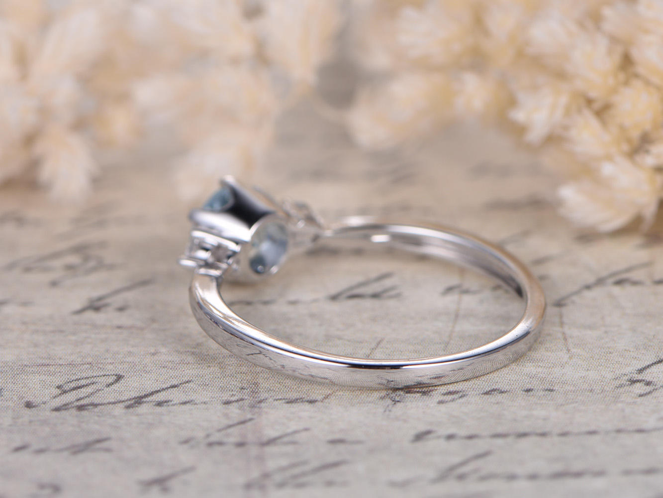 Bague de fiançailles en aigue-marine ronde de 5 mm VS Bague en aigue-marine en or blanc 14 carats, anneau simple Art déco, bague de promesse Art déco avec diamant, bague de mariée