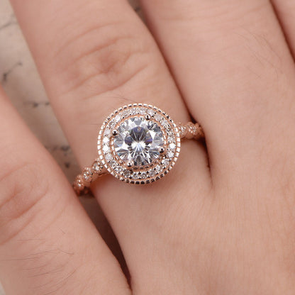 Bague de fiançailles vintage en moissanite VVS, alliance sertie de diamants et sertie d'un halo, en or rose massif 14 carats. Bague soleil ornée d'une moissanite ronde de 6,5 mm.