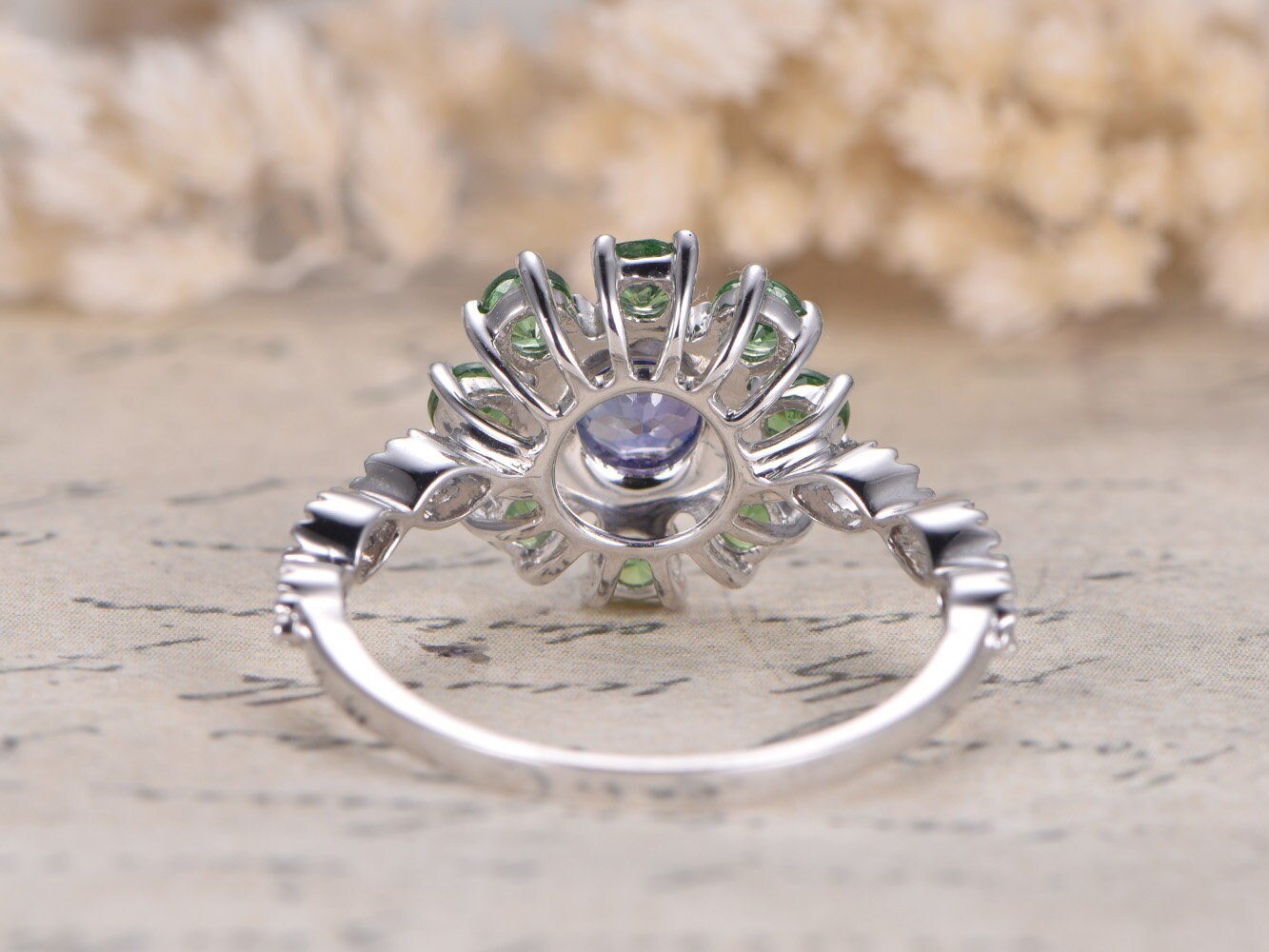 5mm Round Cut Tanzanite Engagement Ring 14K White Gold Tsavorite Halo Design