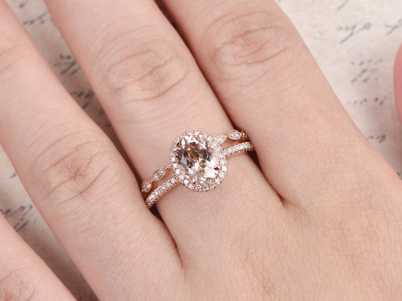7x9mm-oval-cut-morganite-engagement-ring-set-2pcs-14k-rose-gold-halo-diamond-art-deco-stacking-band