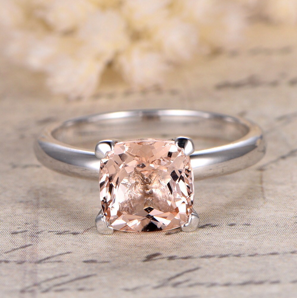 Bague de fiançailles solitaire en morganite coussin de 7 mm, anneau en or blanc simple 14 carats, bague d'anniversaire, bague de mariage
