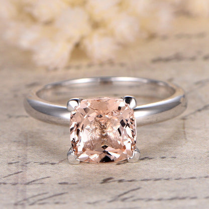Bague de fiançailles solitaire en morganite coussin de 7 mm, anneau en or blanc simple 14 carats, bague d'anniversaire, bague de mariage
