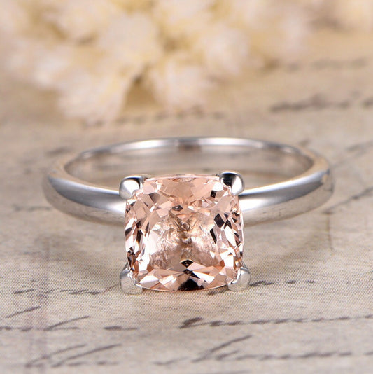 Bague de fiançailles solitaire en morganite coussin de 7 mm, anneau en or blanc simple 14 carats, bague d'anniversaire, bague de mariage