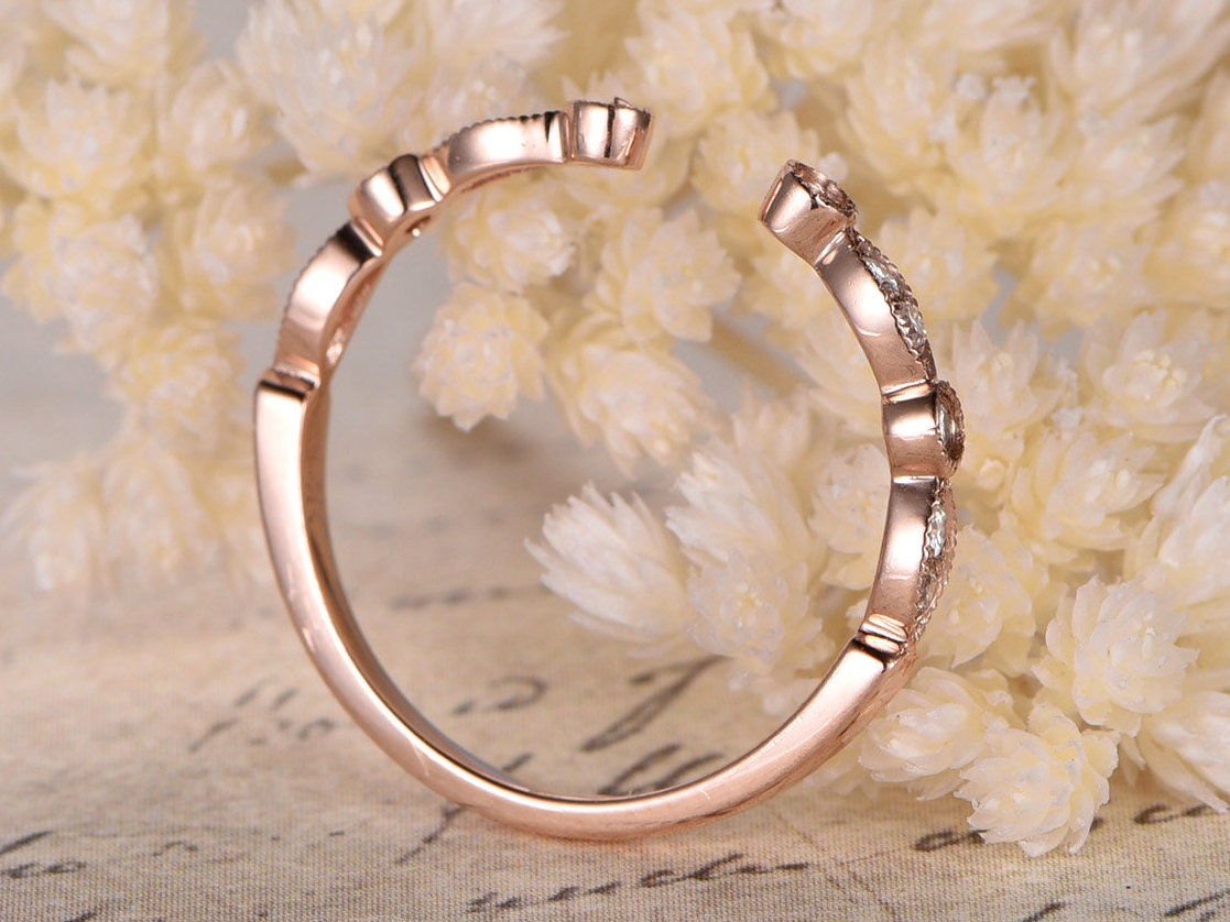 Alliance demi-éternité en diamants, bague de fiançailles, alliance perlée, style Art déco, en or rose 14 carats, ouverture 5 mm