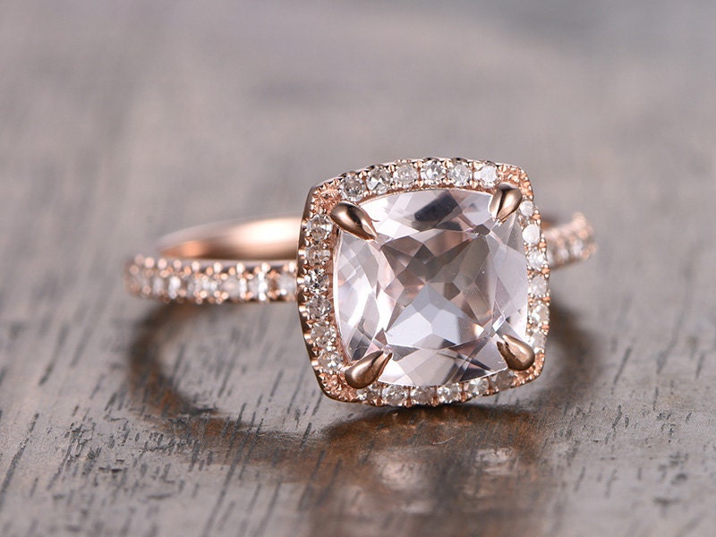 Bague de fiançailles en morganite, or rose, alliance en diamants, pierre précieuse coussin, bague de promesse, halo 8 mm, or massif 14 carats