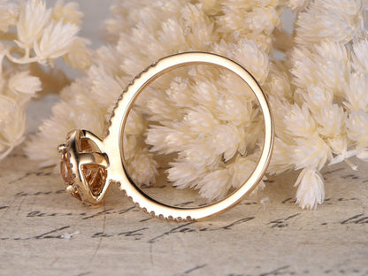 Bague de fiançailles en moissanite champagne, halo de diamants de 6,5 mm, or jaune 14 carats, bague de fiançailles et alliance assorties, style vintage