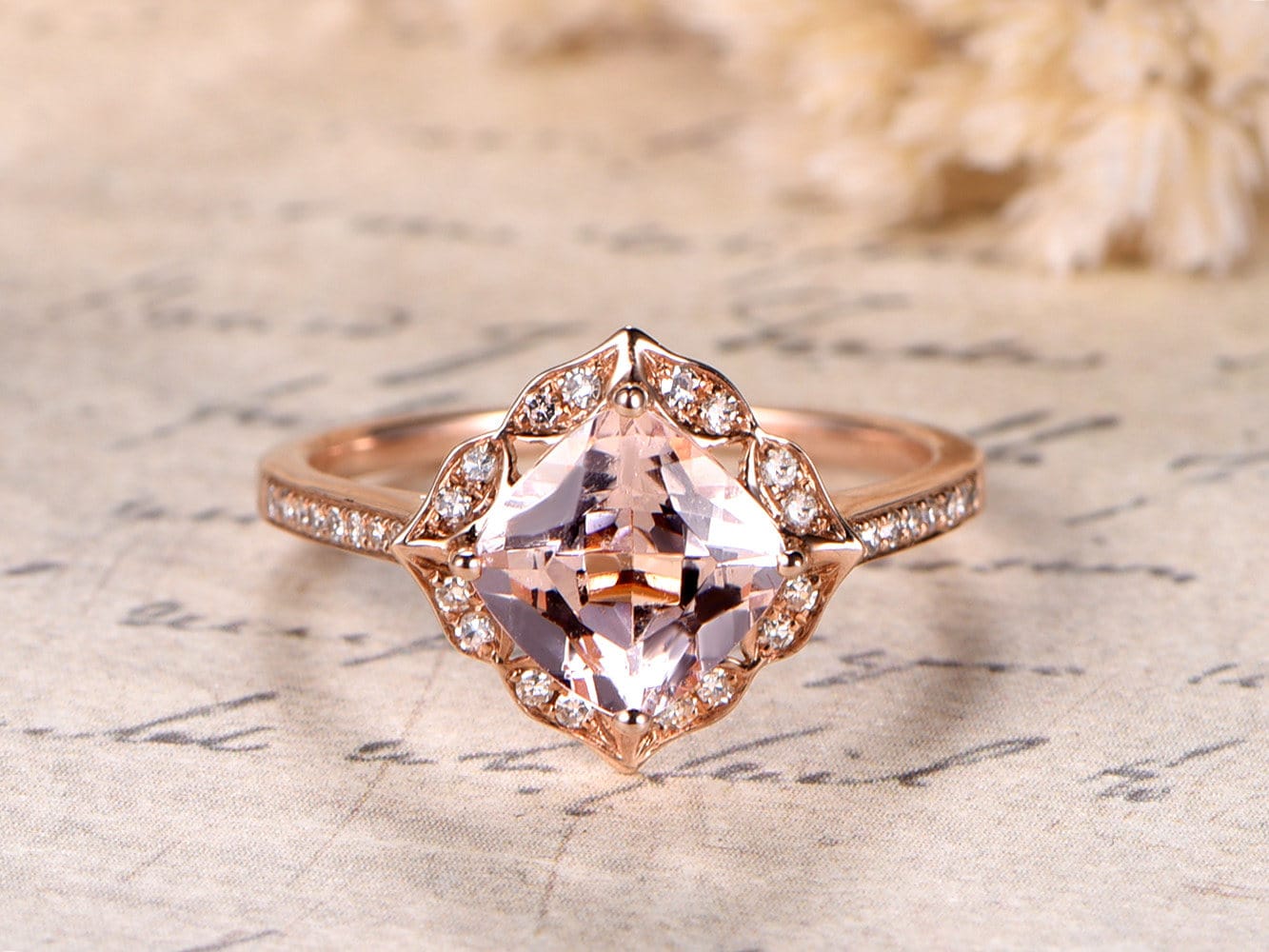 Кольцо с розовым морганитом, обручальное кольцо из розового золота 14K с бриллиантами, помолвочное кольцо с морганитом огранки «подушка» 7 мм, кольцо-обещание, кольцо на годовщину свадьбы.
