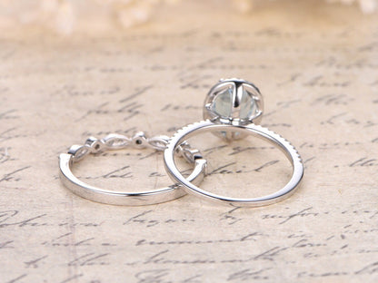 Ensemble de 2 bagues, bague en or blanc 14 carats avec aigue-marine ovale 6x8 mm et alliance assortie en diamant style Art déco, bague de fiançailles, bague d'anniversaire, bague de mariée