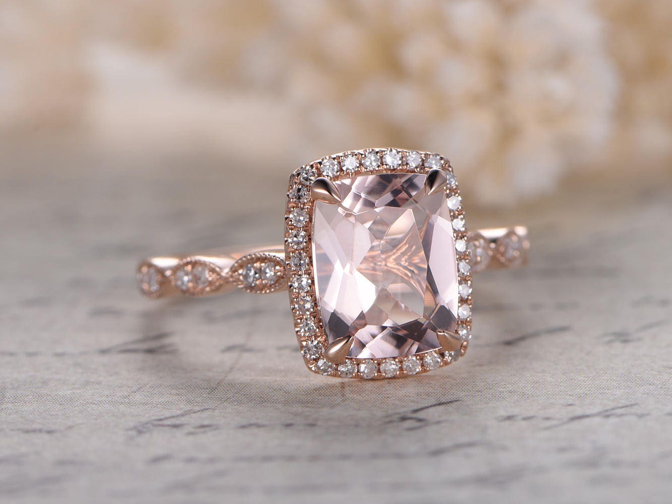 Bague de fiançailles en or rose 14 carats avec morganite naturelle VS, bague morganite ovale 7x9 mm, alliance en diamants, bague de mariée, halo de diamants, bague marquise