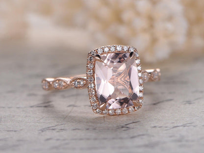 Bague de fiançailles en or rose 14 carats avec morganite naturelle VS, bague morganite ovale 7x9 mm, alliance en diamants, bague de mariée, halo de diamants, bague marquise