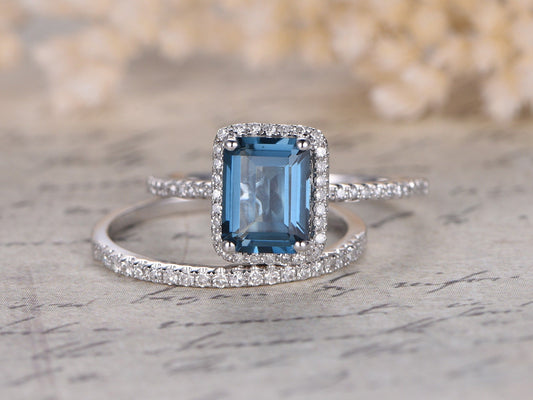 6x8mm Emerald Cut Topaz Engagement Ring Set 2pcs Solid 14K White Gold Diamond Matching Band