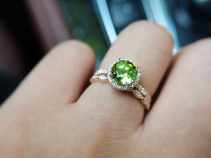 7mm Round Cut Peridot Engagement Ring Set 2pcs Diamond Halo | Diamond Art Deco Matching Band