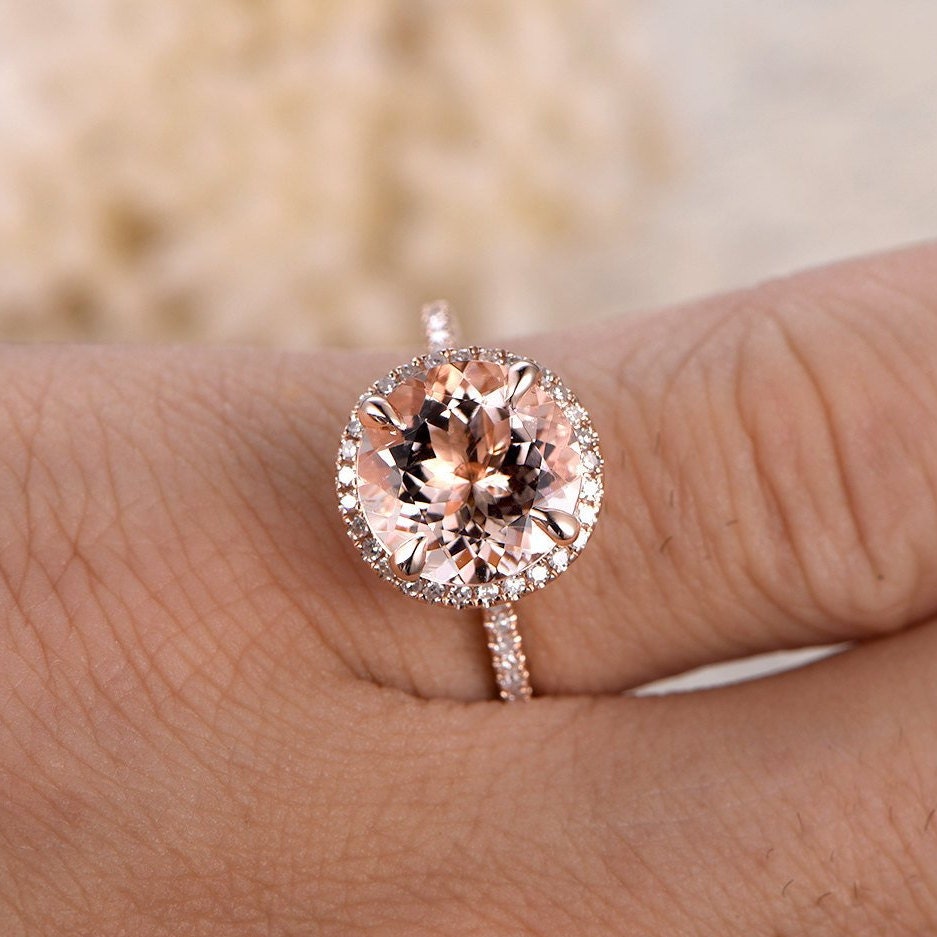 Bague de fiançailles en or rose 14 carats avec morganite et diamants, alliance sertie d'un halo de diamants, bague de fiançailles avec morganite ronde de 9 mm, bague de promesse de mariage