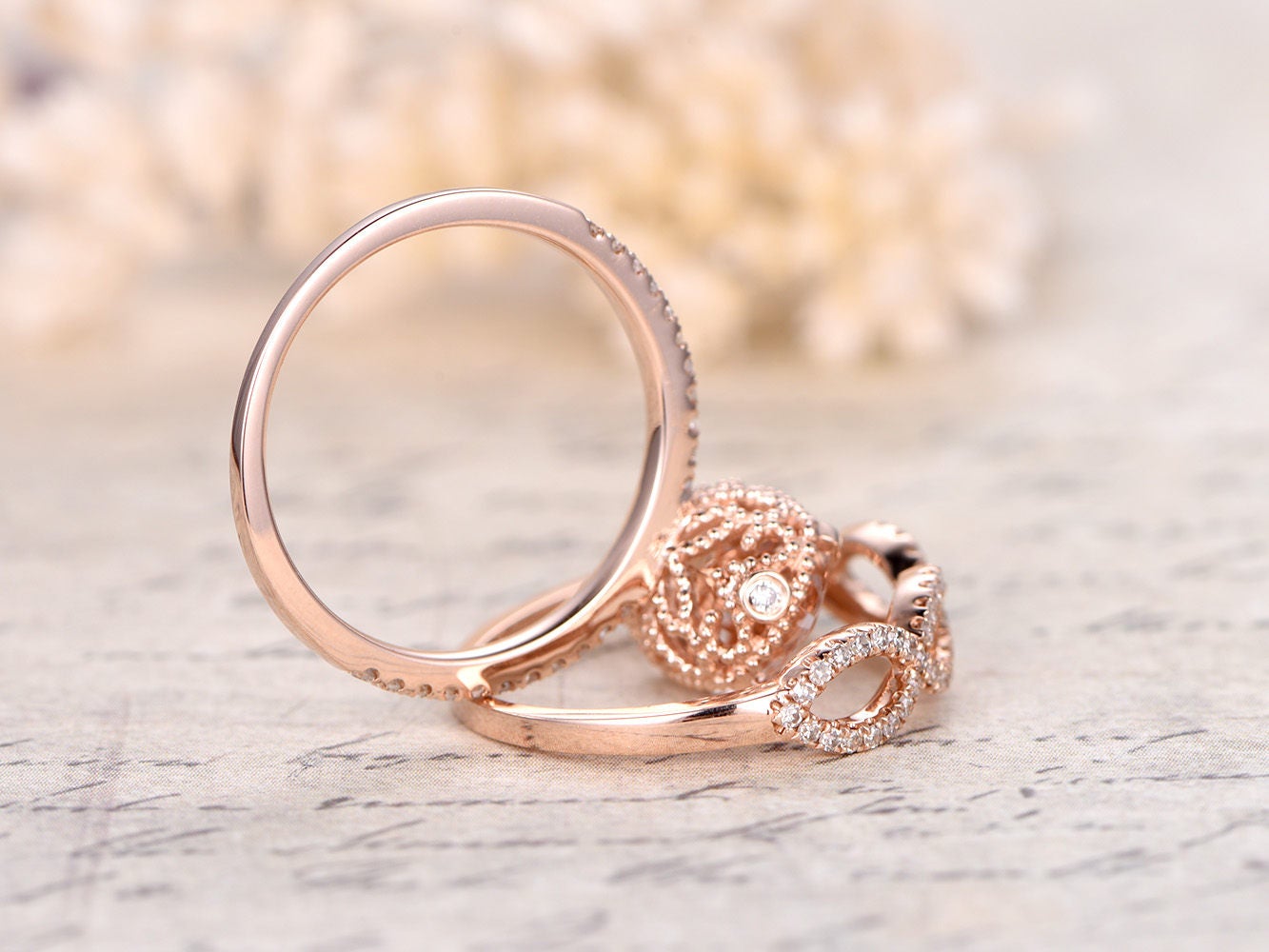 Bague de fiançailles en morganite ovale 9x11 mm, bague en morganite rose, alliance, anneau en or rose 14 carats serti de diamants, ensemble de 2 bagues, anneau fendu
