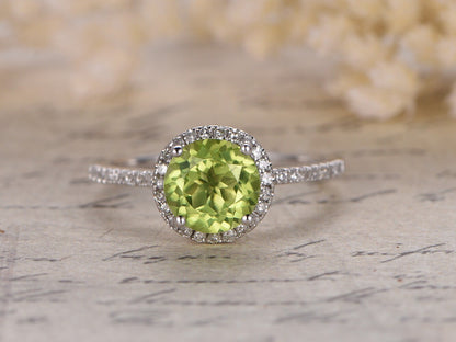 7mm Round Cut Peridot Engagement Ring 14K White Gold Diamond Halo Half Eternity Design