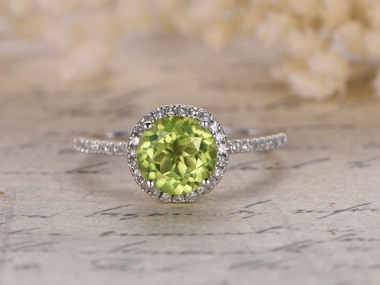 7mm Round Cut Peridot Engagement Ring 14K White Gold Diamond Halo Half Eternity Design