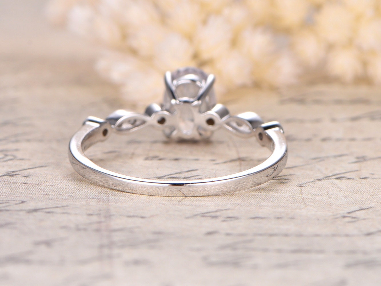 5x7mm Oval Cut White Sapphire Engagement Ring 14K White Gold Diamond Art Deco Band