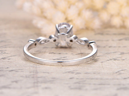 5x7mm Oval Cut White Sapphire Engagement Ring 14K White Gold Diamond Art Deco Band