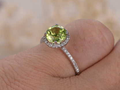 7mm Round Cut Peridot Engagement Ring 14K White Gold Diamond Halo Half Eternity Design