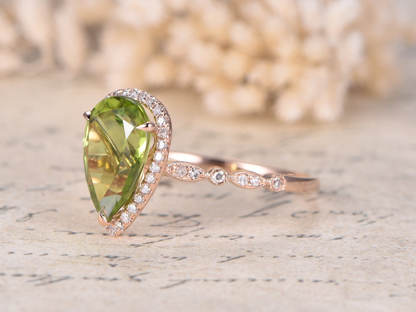 8x12mm Pear Cut Peridot Engagement Ring 14K Rose Gold Diamond Halo Art Deco Band
