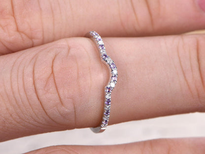 Curved Diamond And Amethyst Wedding Band Half Eternity 14K White Gold
