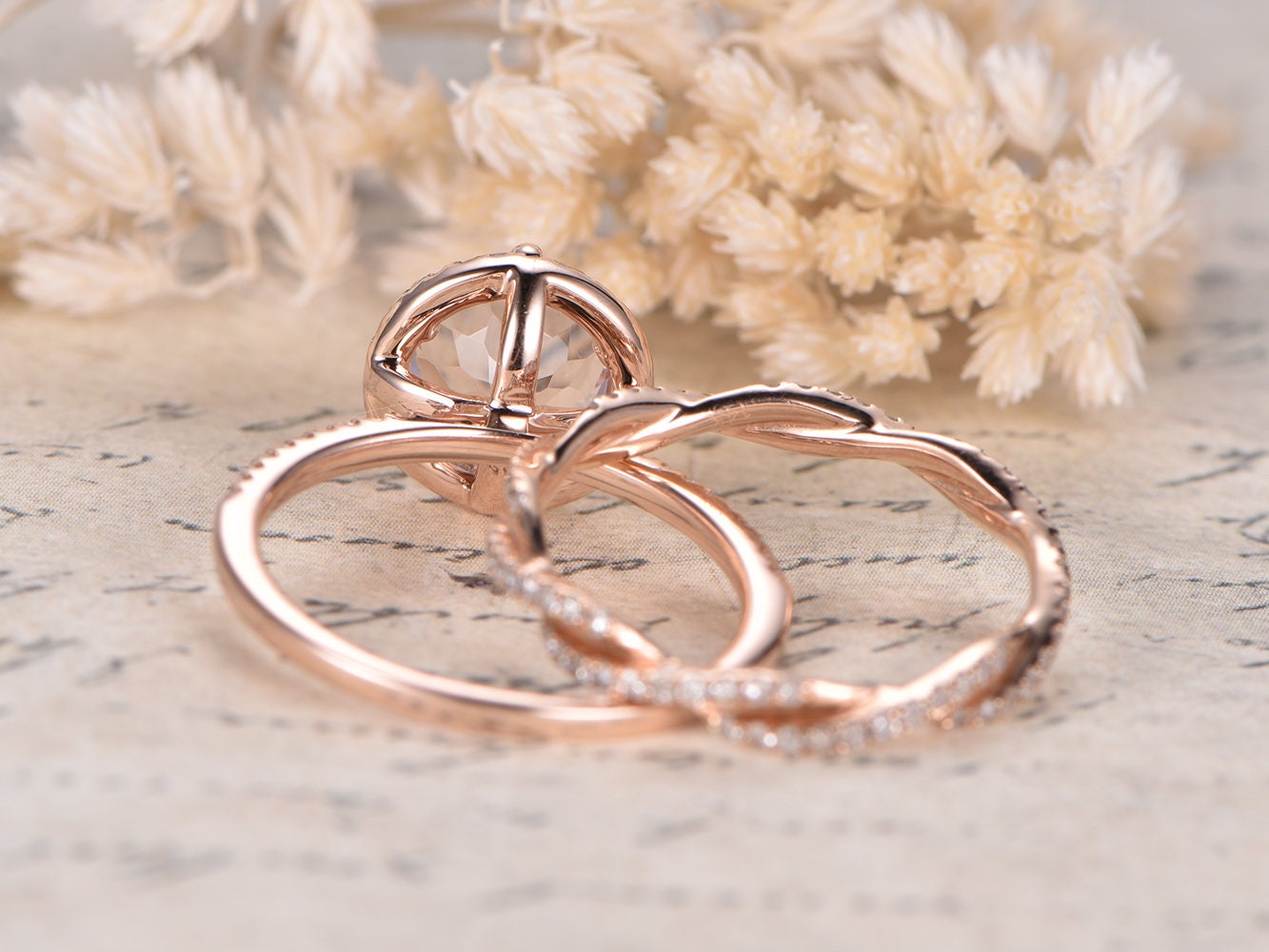 8mm-round-cut-morganite-engagement-ring-set-2pcs-14k-rose-gold-diamond-halo-design-full-eternity-infinity-matching-band