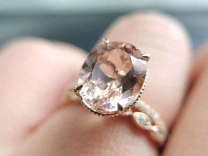 Bague de fiançailles ovale en morganite 9x11mm, bague en or rose avec morganite et diamants, alliance, bague de demande en mariage, bague d'anniversaire, cadeau pour elle