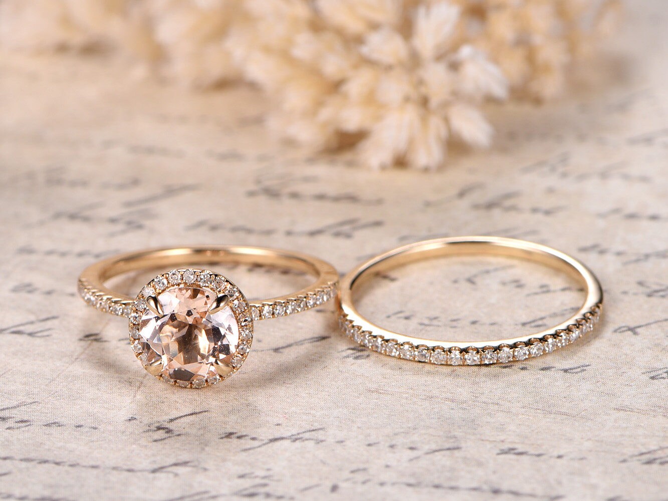 7mm-round-cut-morganite-engagement-ring-set-2pcs-14k-yellow-gold-diamond-halo-half-eternity-thin-matching-band