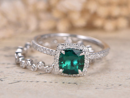 6mm-cushion-cut-emerald-engagement-ring-set-2pcs-14k-white-gold-diamond-matching-band-may-birthstone