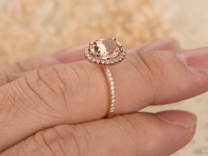 Bague de fiançailles halo en morganite ovale 6*8 mm, alliance en or rose 14 carats sertie de diamants pavés, griffes, bague pour femme