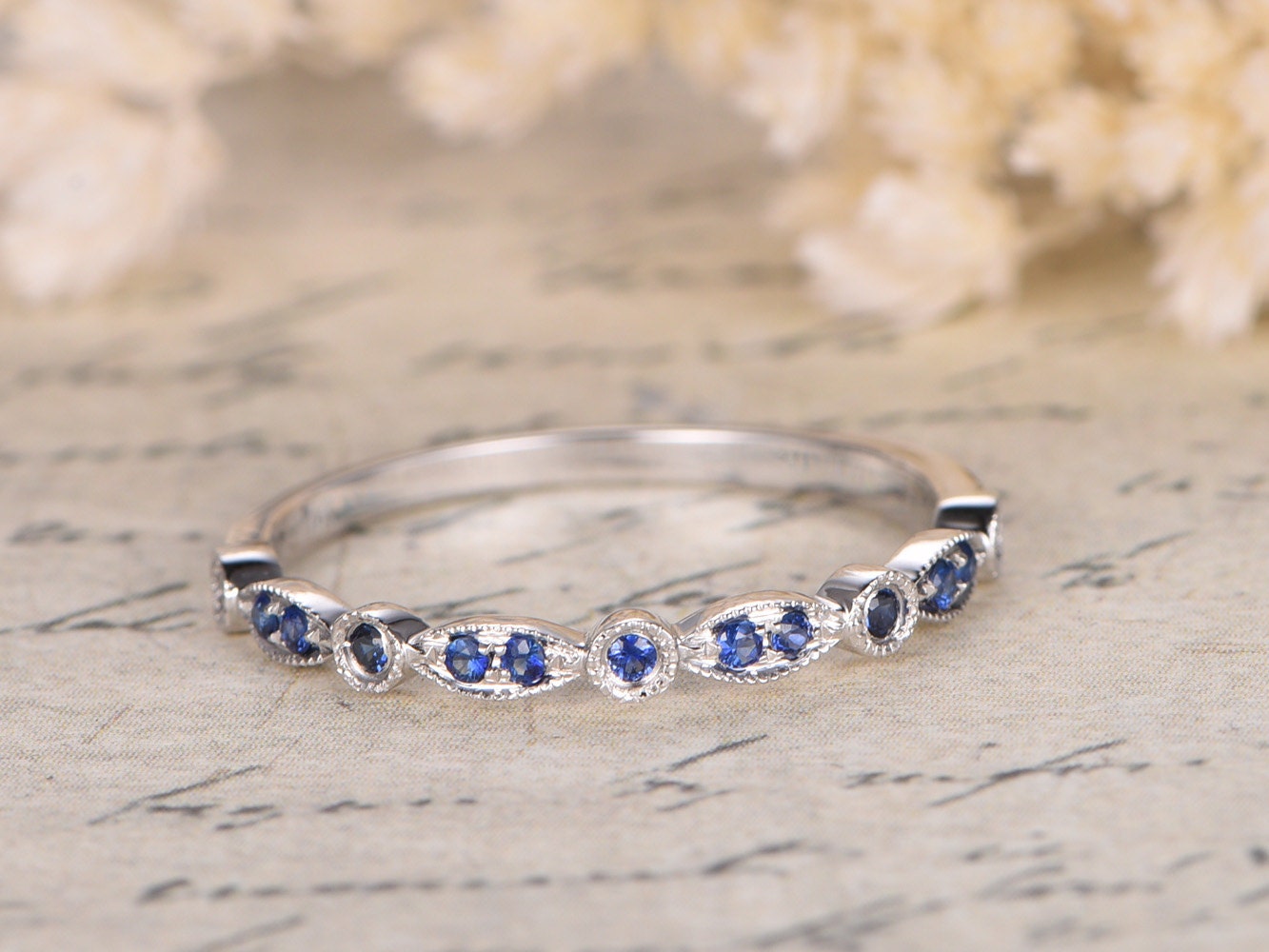 sapphire-wedding-band-art-deco-half-eternity-band-milgrain-band-14k-white-gold