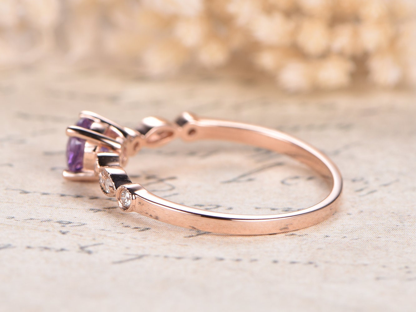 Bague de fiançailles en améthyste, alliance en or rose 14 carats sertie de diamants, demi-alliance, bague de mariage, améthyste de 5 mm, bague femme, bague de promesse