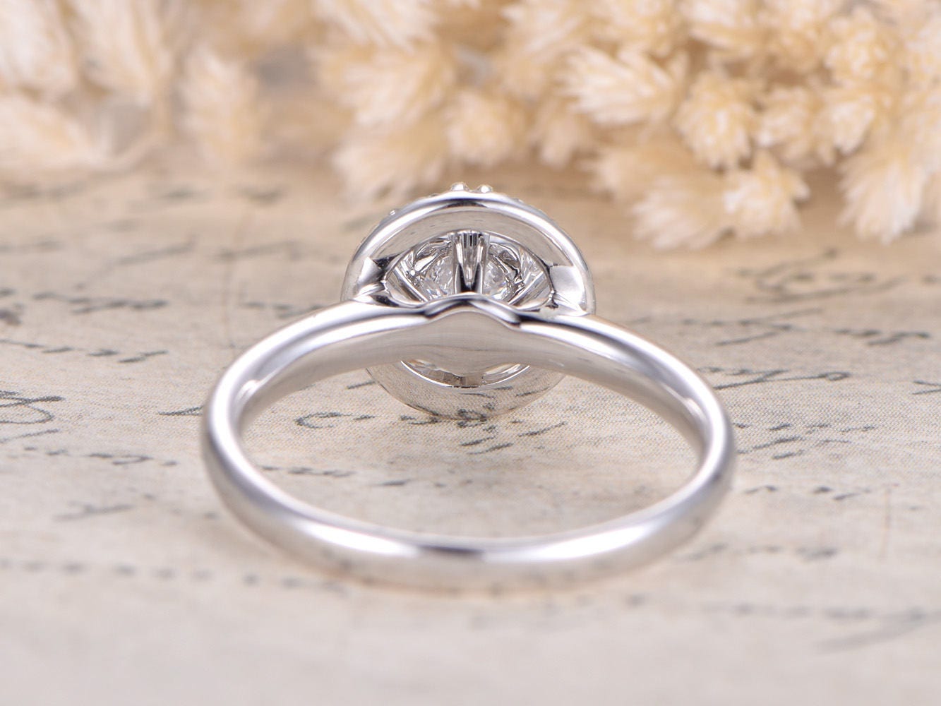 Bague en or blanc 14 carats avec moissanite, alliance, bague de fiançailles avec moissanite ronde de 5 mm, bague unique, bague en diamant, bague Art déco