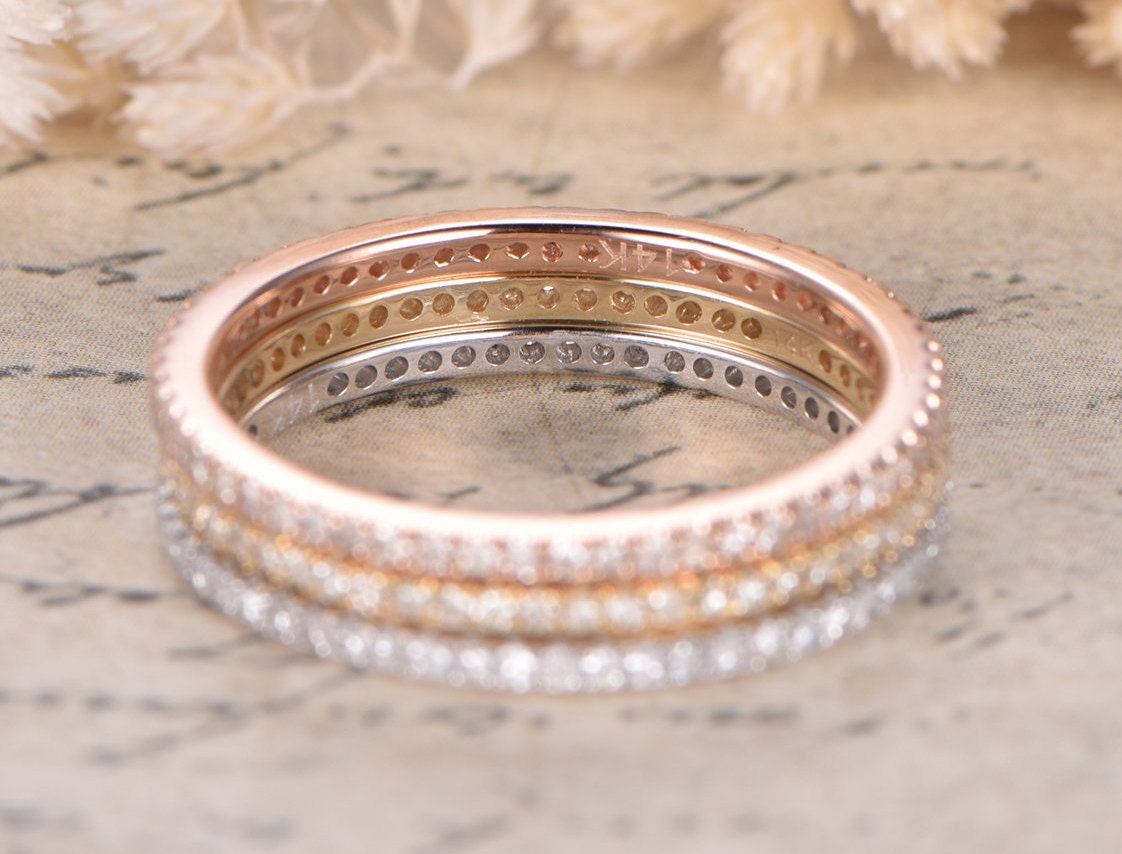 Ensemble de bagues en diamants, alliance sertie de diamants sur toute l'éternité, bague de fiançailles en or blanc 14 carats, ensemble de 3 bagues de mariage, bague d'anniversaire