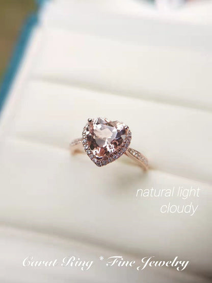 Bague de fiançailles en morganite en forme de cœur, pierre précieuse rose ronde de 8 mm, bague de promesse, alliance en or rose 14 carats avec diamants, pour femme