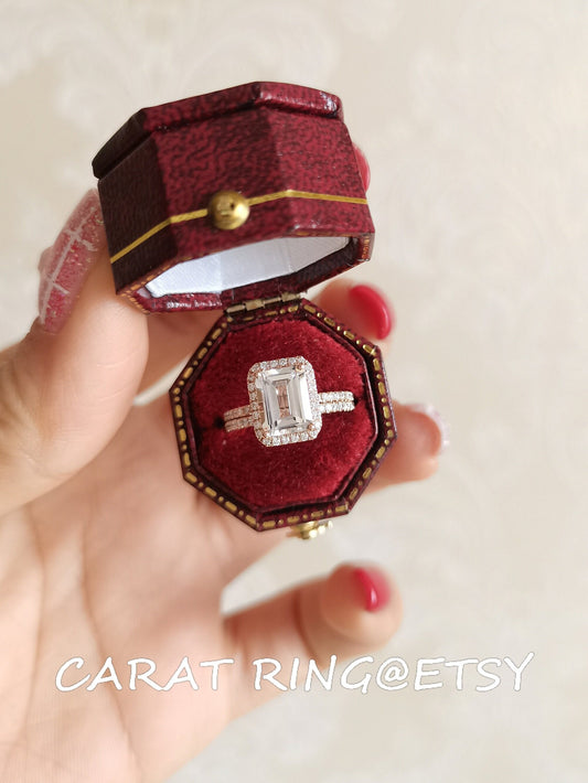 8x10mm Emerald Cut White Topaz Engagement Ring Set 2pcs 14K Rose Gold Diamond Halo | Thin Matching Band