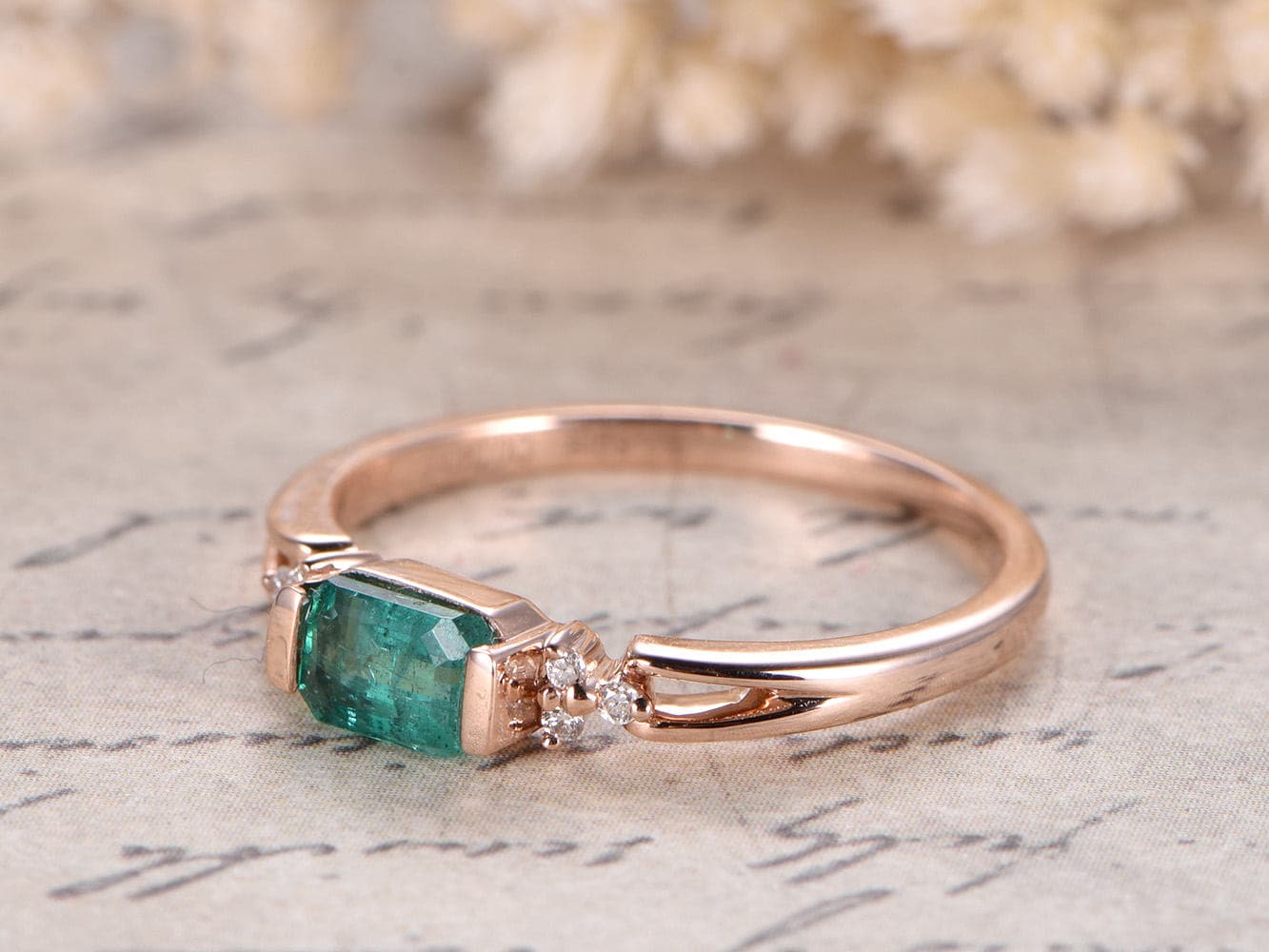 3.5mm-x-5.5mm-emerald-cut-natural-emerald-engagement-ring-14k-rose-gold-plain-band-diamond-accent