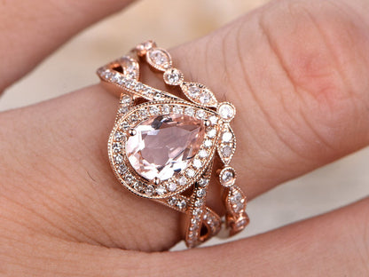 6x8mm Pear Cut Morganite Engagement Ring Set 2pcs 14K Rose Gold Split Shank Diamond Halo | Curved Art Deco Band