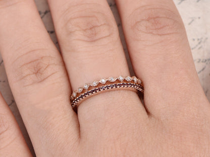 Red Garnet & Diamond Wedding Band Set 2pcs 14K Rose Gold Full Eternity