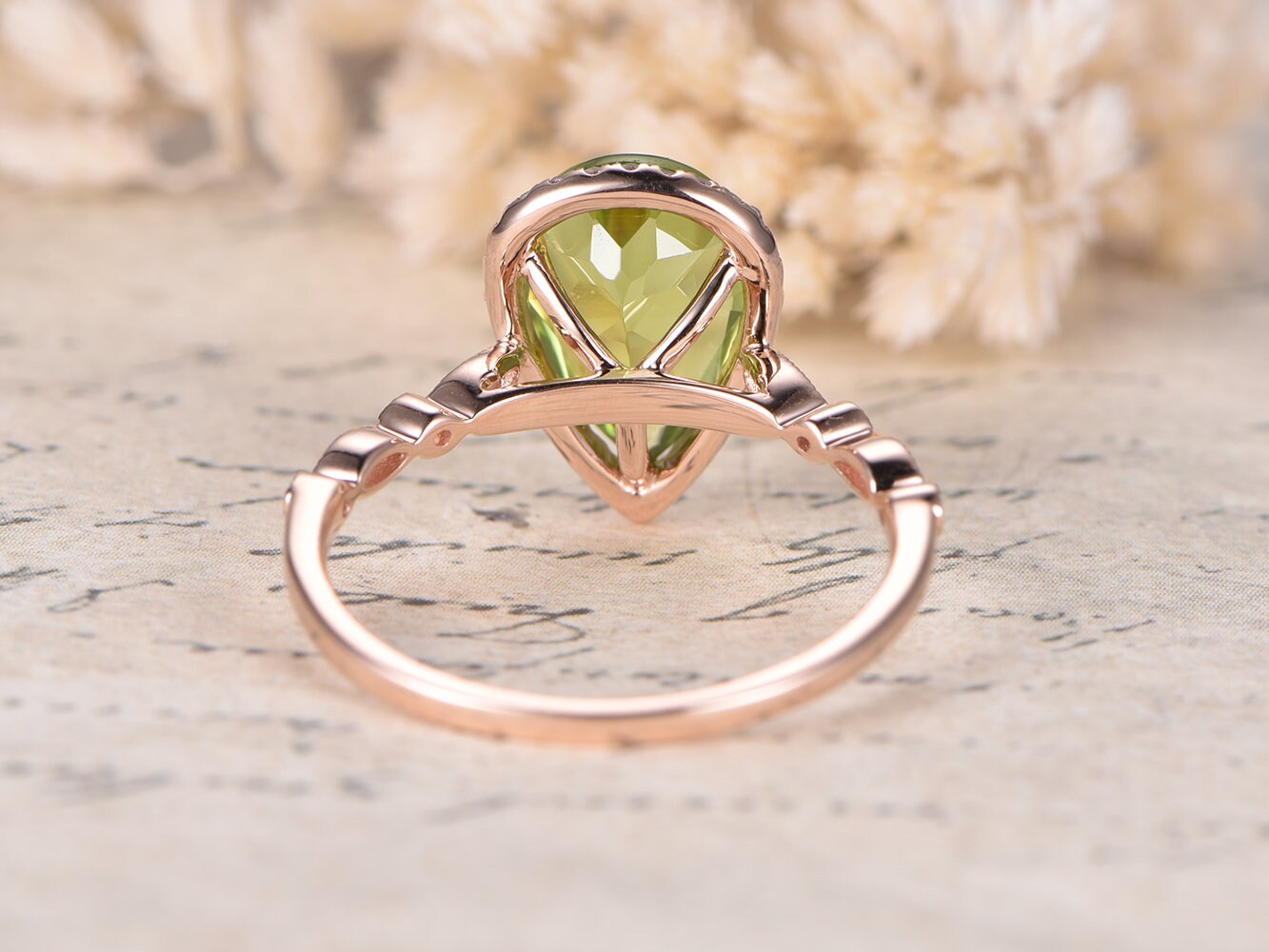 8x12mm Pear Cut Peridot Engagement Ring 14K Rose Gold Diamond Halo Art Deco Band