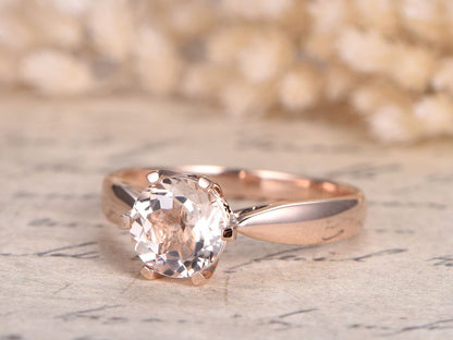 Bague en morganite ronde, or rose, bague de fiançailles en morganite, bague solitaire en morganite, alliance en morganite, or rose massif 14 carats, 6 griffes