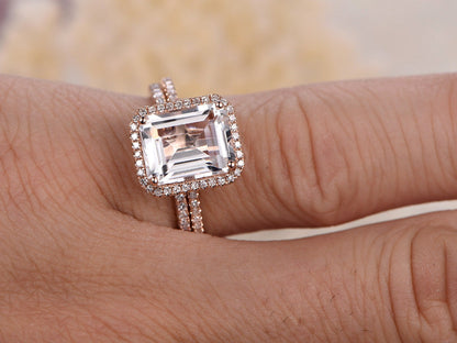 8x10mm Emerald Cut White Topaz Engagement Ring Set 2pcs 14K Rose Gold Diamond Halo | Thin Matching Band