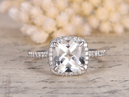 8mm Cushion Cut White Topaz Engagement Ring 14K White Gold Diamond Halo Design