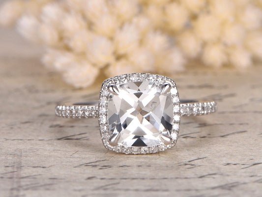 8mm Cushion Cut White Topaz Engagement Ring 14K White Gold Diamond Halo Design